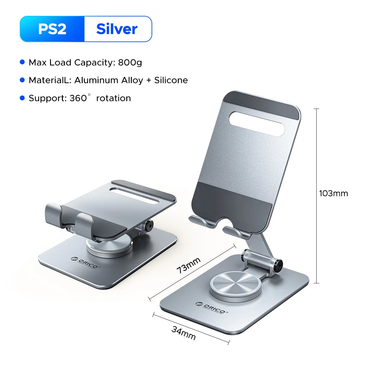 Silver PS2 360° rotating aluminum phone stand with a slotted design