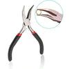A pair of silver jewelry making pliers with black handles and a magnified view of the tools.