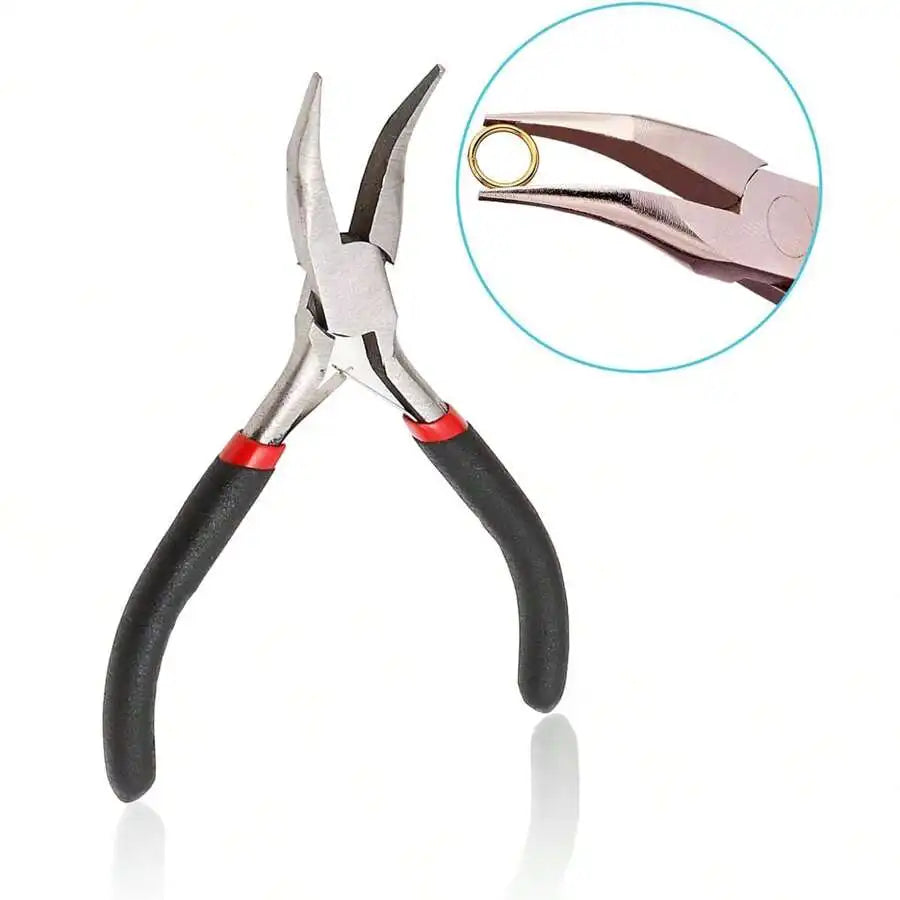 A pair of silver jewelry making pliers with black handles and a magnified view of the tools.