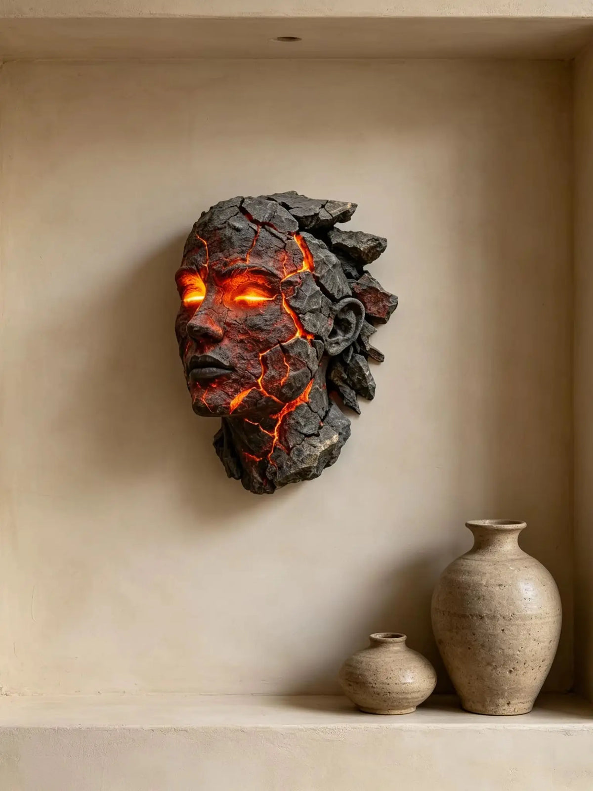A dark, cracked stone sculpture resembling a face with glowing orange and yellow internal light mounted on a light-colored wa
