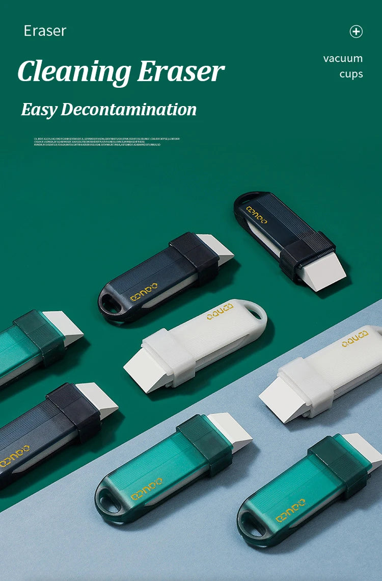 A collection of various cleaning erasers in black, white, and teal colors are displayed on a light blue surface.