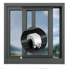 A close-up view of a gray aluminum sliding window lock stopper installed in a modern window frame.