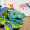 A green dinosaur transport truck with a T-Rex figure is shown on a wooden floor.