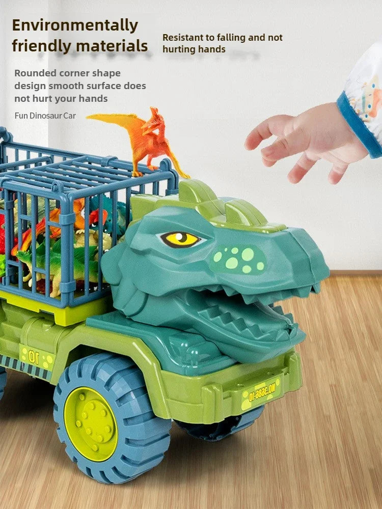 A green dinosaur transport truck with a T-Rex figure is shown on a wooden floor.