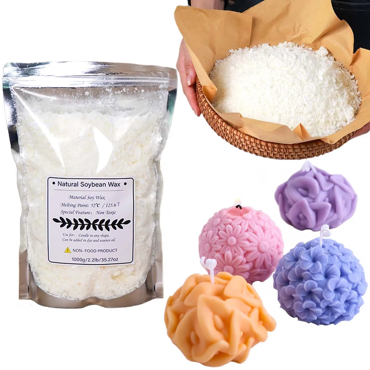 Bag of natural soybean wax flakes and various colored soy wax candles