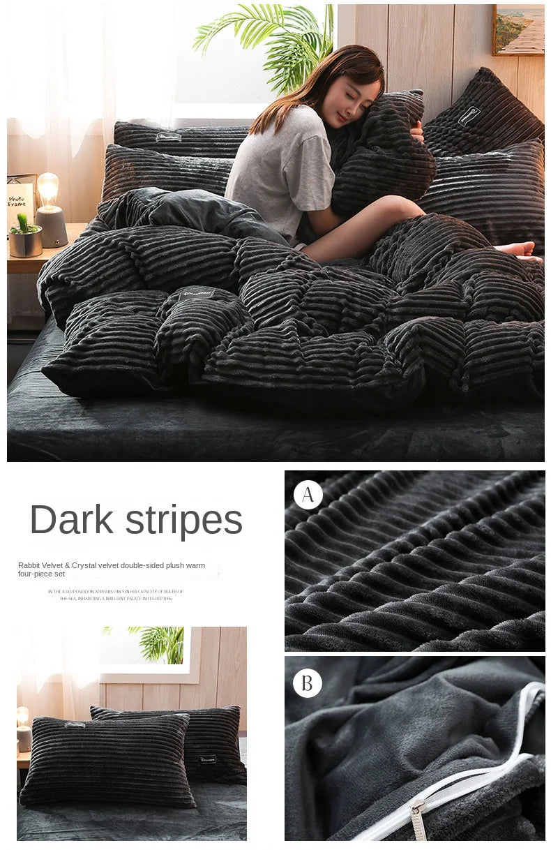 A dark gray plush corduroy duvet cover set featuring dark stripes and a reversible velvet finish.