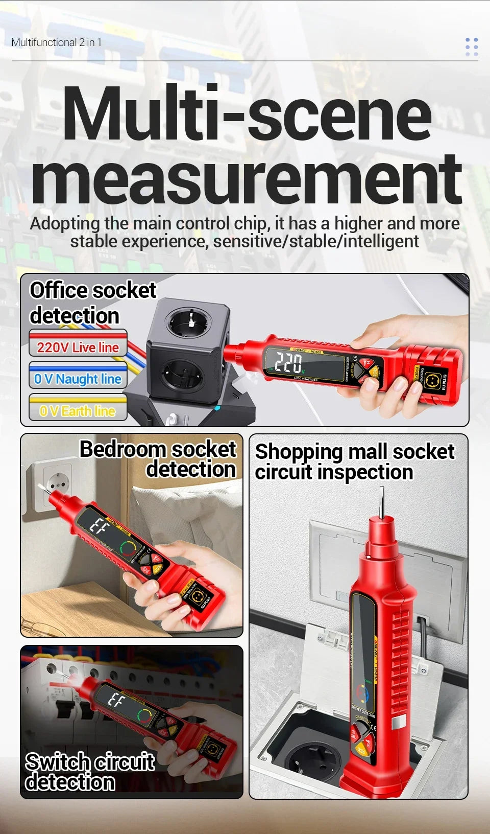 Socket Tester with AC/DC Voltage Detection and Polarity Check