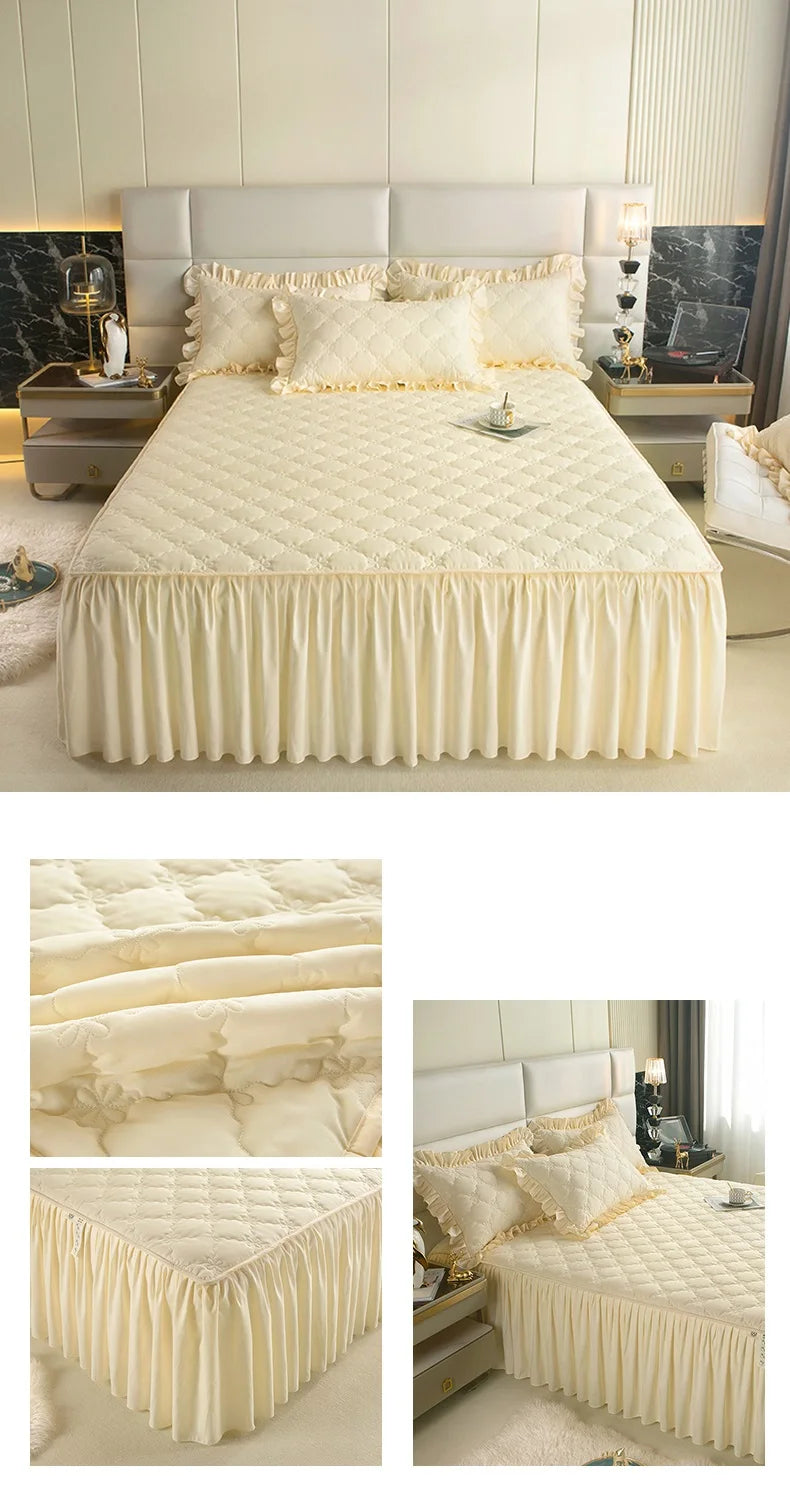 Quilted Solid Color Bed Skirt with Pleated Ruffle