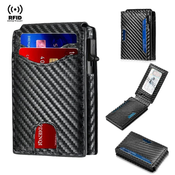 A black slim RFID-blocking carbon fiber card holder wallet with multiple slots for cards.