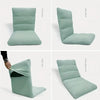 A teal foldable floor sofa cover for a single seat or lounger shown from front, side, and back views.