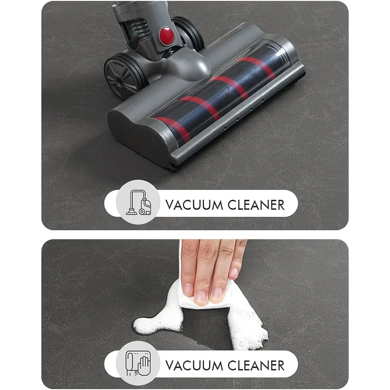 A vacuum cleaner device is shown, and a hand is cleaning a surface with a white cloth using a vacuum cleaner.