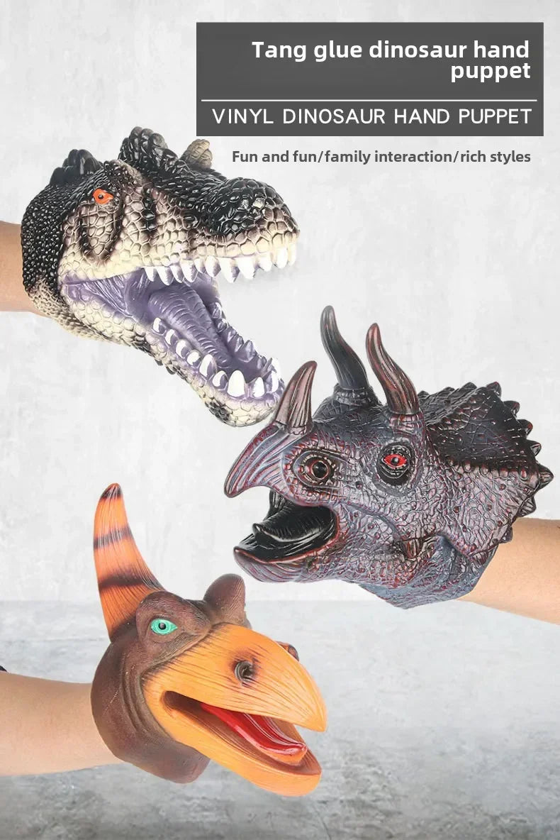 A vinyl dinosaur hand puppet featuring a detailed, realistic dinosaur head with teeth and expressive features.