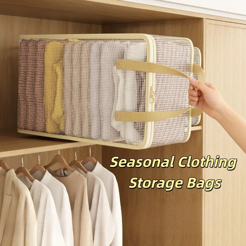 A hand is pulling out a beige mesh storage bag filled with folded clothing from a wooden closet shelf.