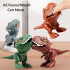 A collection of four dinosaur toys, including a green Triceratops and a brown Tyrannosaurus, demonstrating mouth movement.