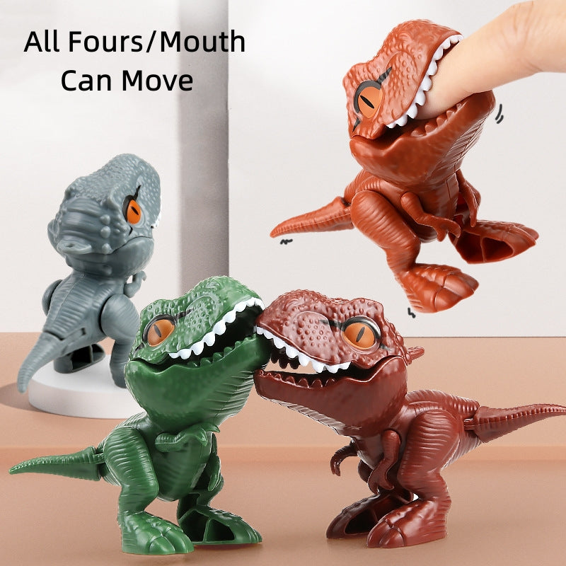 A collection of four dinosaur toys, including a green Triceratops and a brown Tyrannosaurus, demonstrating mouth movement.