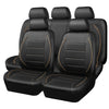 A full set of black leather car seat covers for multiple seats shown in a row.