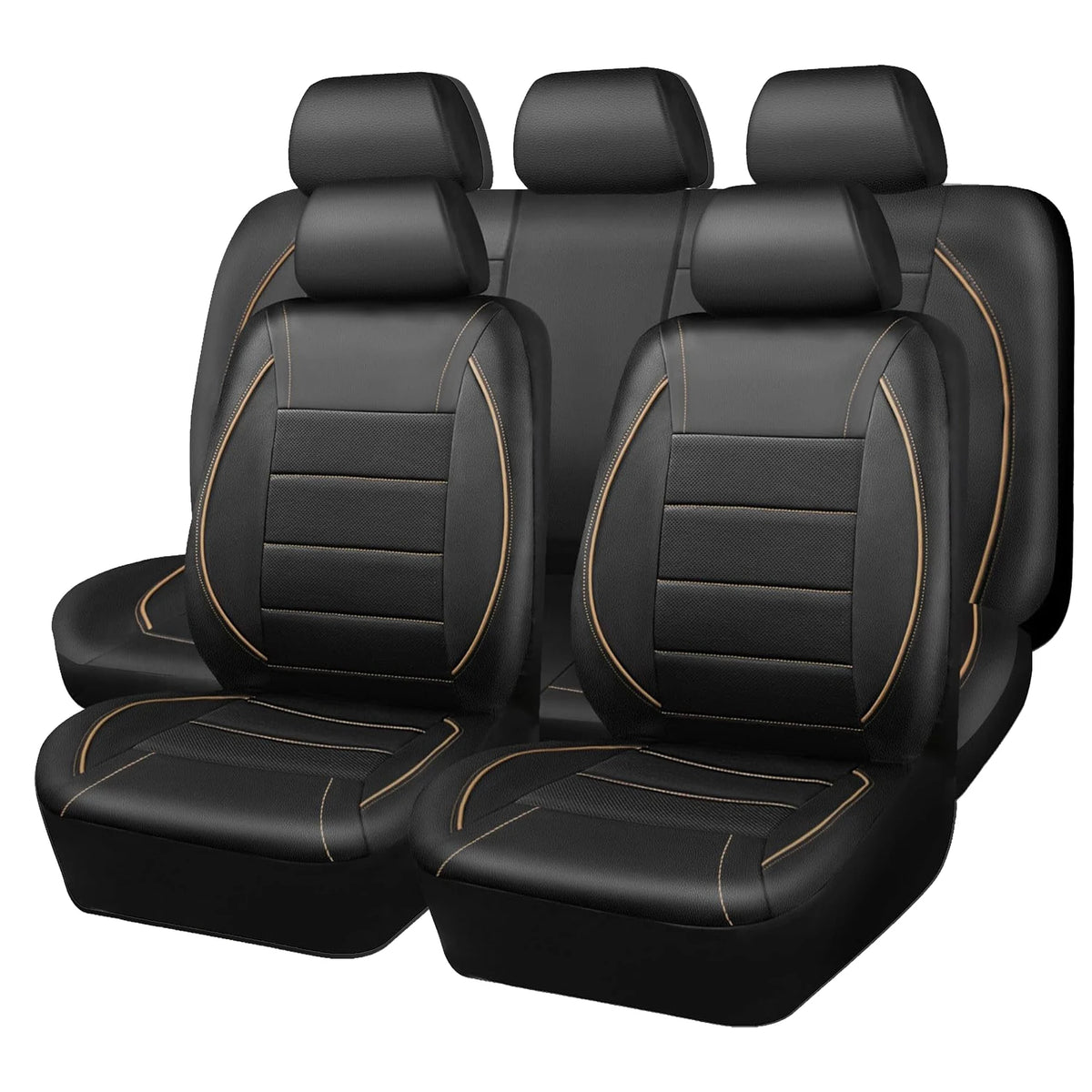 A full set of black leather car seat covers for multiple seats shown in a row.