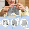 Handmade crochet cat doll shown from the front, side, and back views with a positive message card.