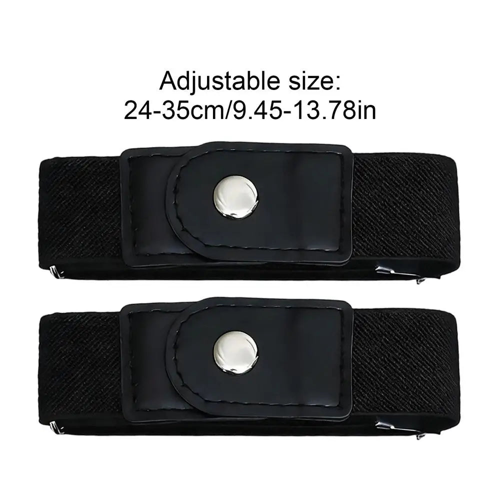 A pair of black adjustable elastic belts shown flat, with size options listed as 24-35cm/9.45-13.78in.