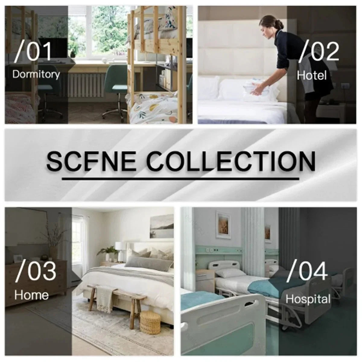 A collection of four interior designs featuring bedroom and hospital settings with motivational patterns.
