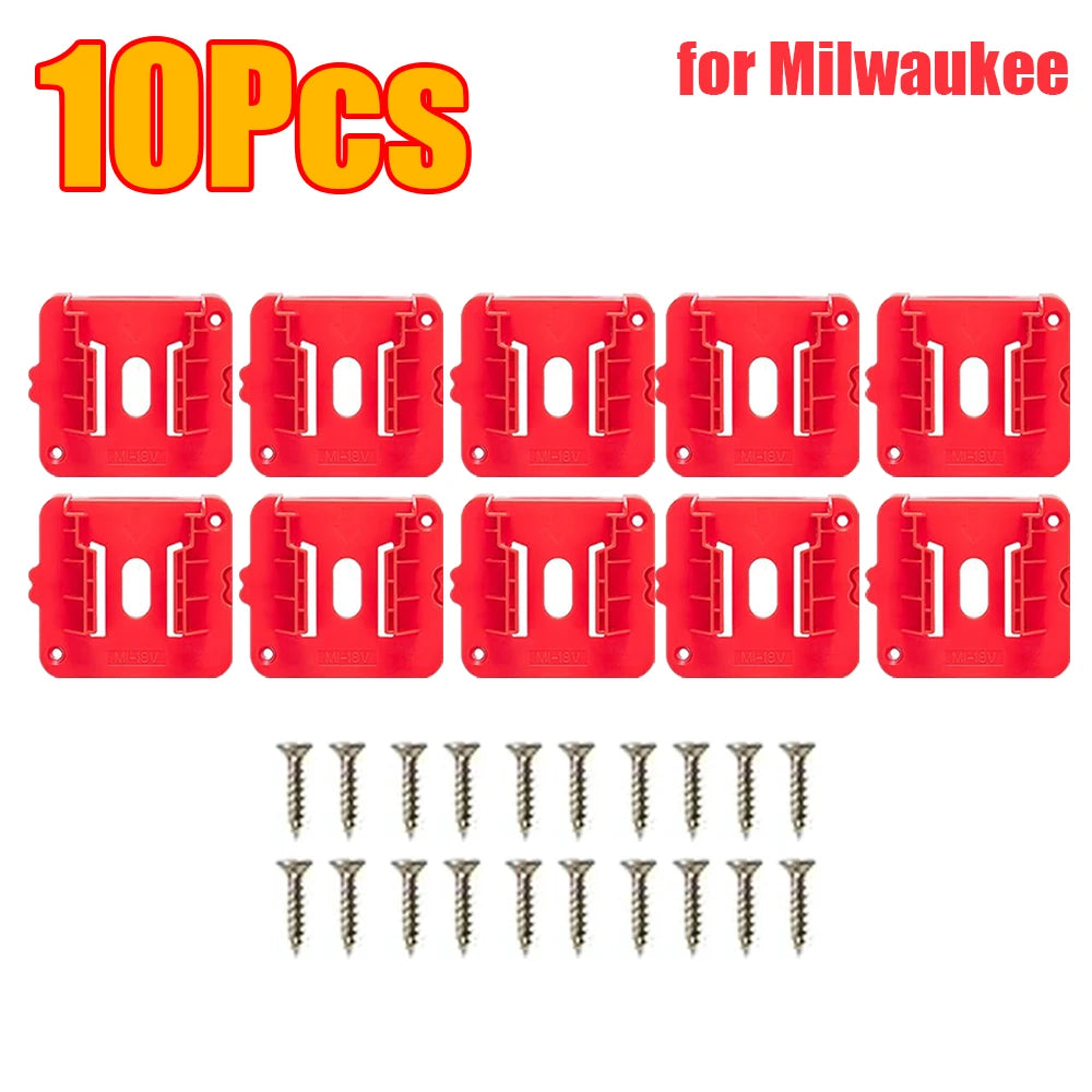 Ten red universal wall-mount battery holders and twelve small screws for power tool batteries.