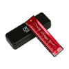 A red and black 10-hole C key harmonica with a colorful metal shell shown from the side.