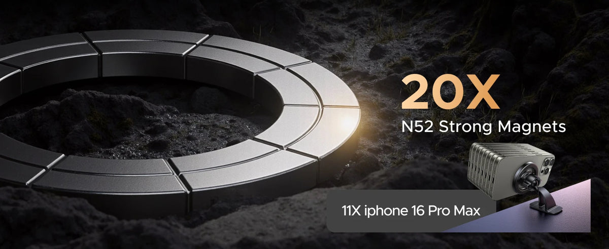 A close-up of a magnetic car phone mount with 20x N52 strong magnets shown against a dark, textured background.