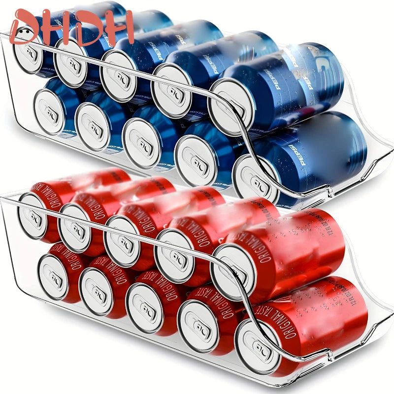 A set of stackable refrigerator storage bins filled with blue and red items.