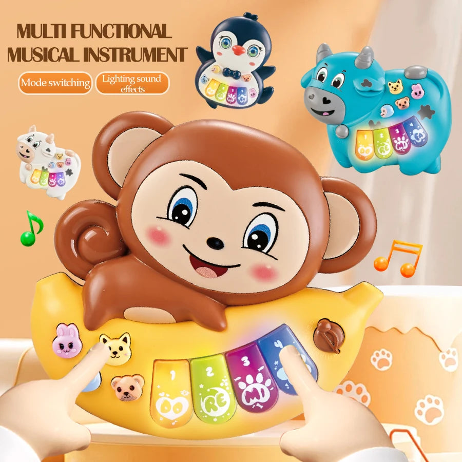 A brown monkey musical instrument toy with lights and various keys is being played by a hand.
