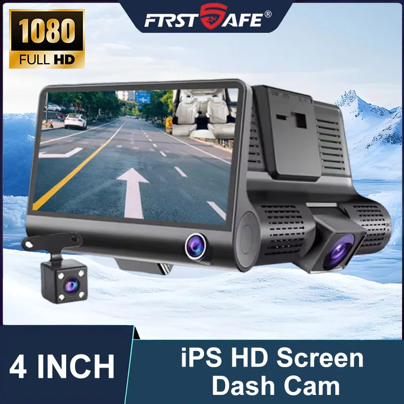 A black IPS HD screen dash cam is shown mounted on a vehicle, displaying a road view and interior camera footage.