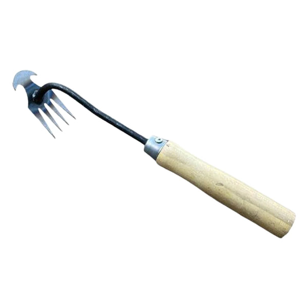 Fourche à désherber V ergonomique avec dents métalliques et manche en bois.