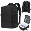 Black durable nylon travel laptop backpack shown from the back and open view.