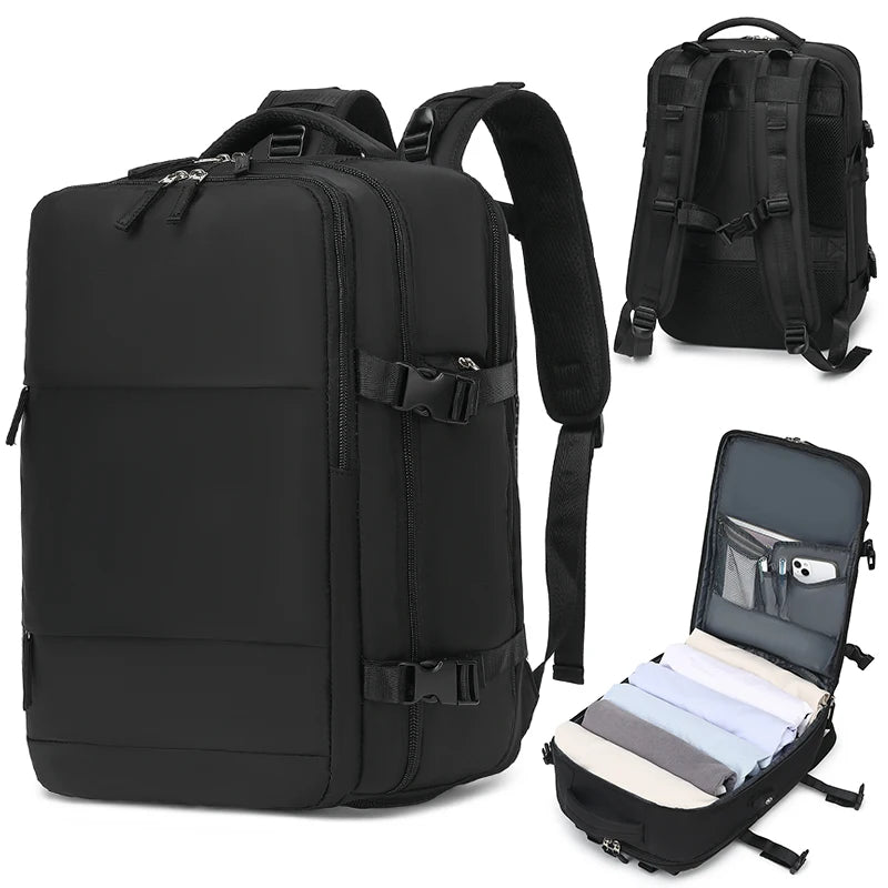 Black durable nylon travel laptop backpack shown from the back and open view.