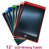 A stack of 12-inch LCD writing tablets in various colors, including black, blue, green, white, and red.