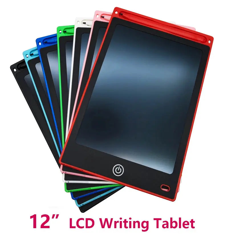 A stack of 12-inch LCD writing tablets in various colors, including black, blue, green, white, and red.