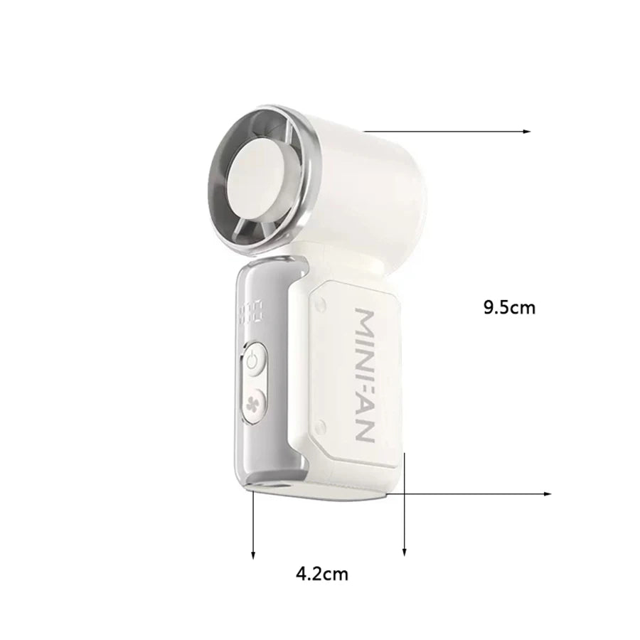 Weißer tragbarer Mini-Handheld-Turbo-Lüfter mit LED-Anzeige, seitliche Ansicht.
