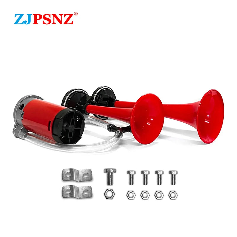 A red dual tone air horn kit with a compressor and various metal fittings is shown.