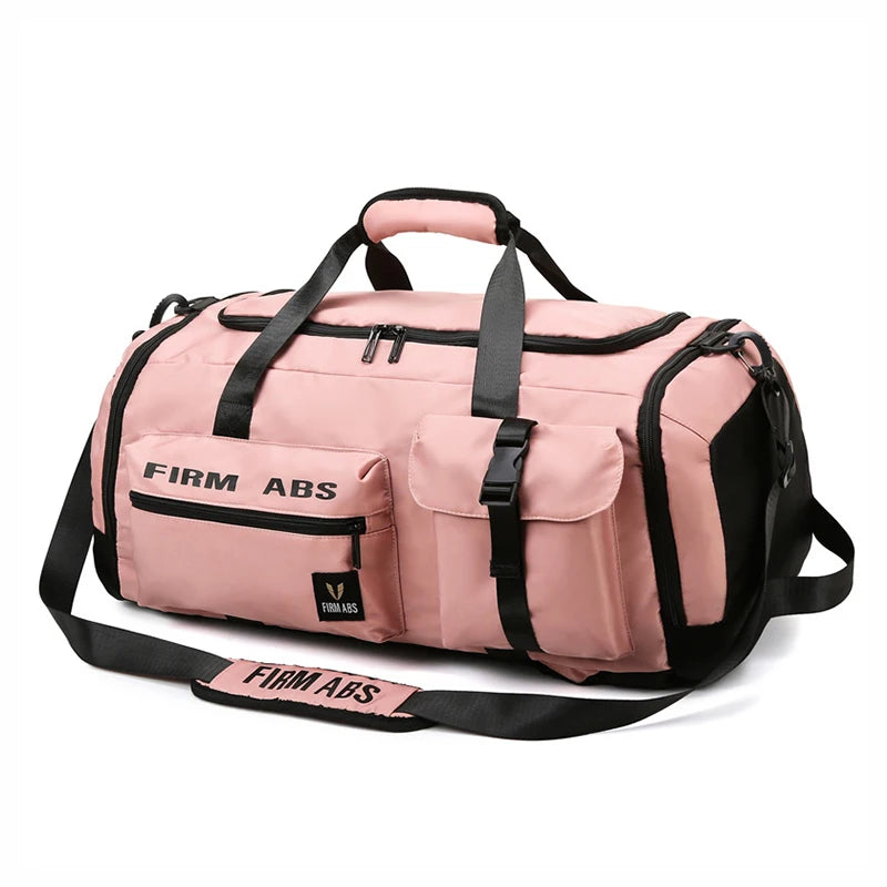 A pink and black tactical nylon backpack with padded straps and buckles.