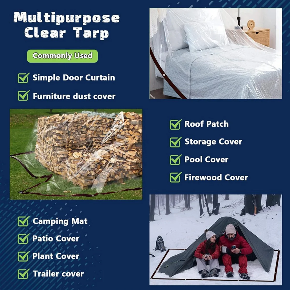 A collection of various multipurpose clear tarps and covers including a simple door curtain, roof patch, storage cover, pool 