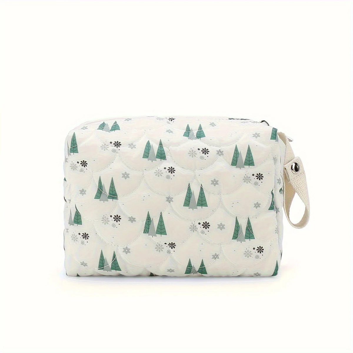 A cream-colored fabric diaper caddy organizer with a white background featuring a repeating pattern of green pine trees and s