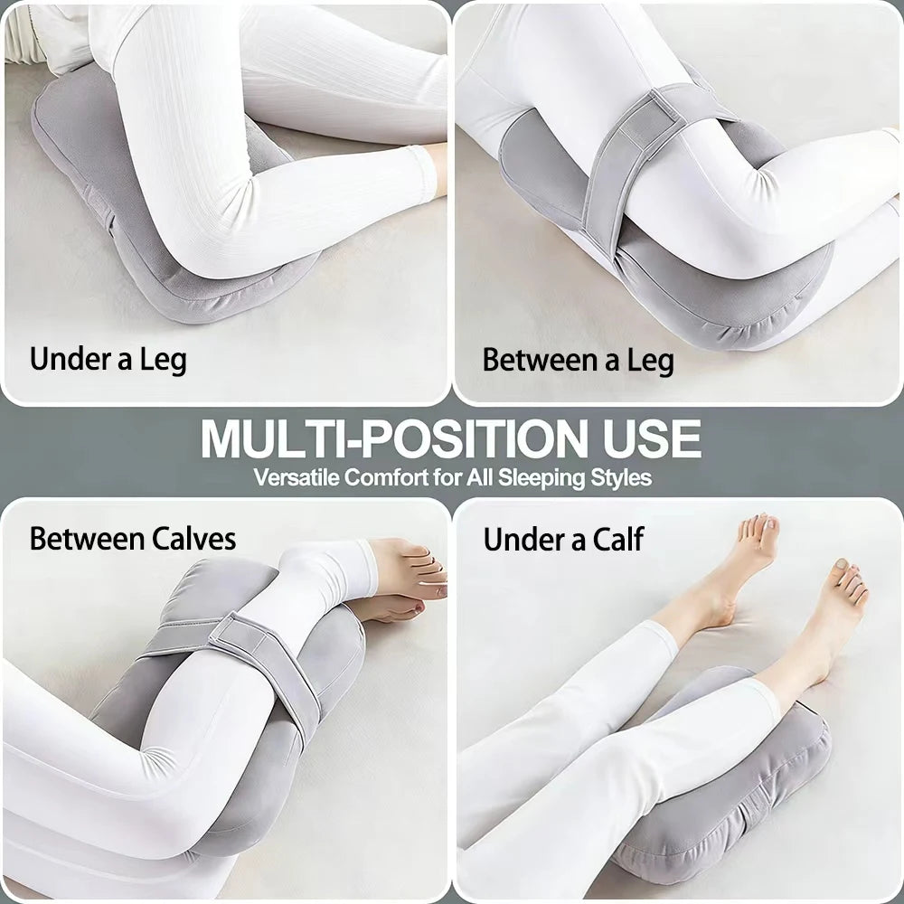 Almohada ergonómica para la rodilla mostrada en varias posiciones bajo la pierna, entre piernas y debajo de la pantorrilla pa