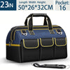 A dark blue and black heavy-duty tool organizer bag with multiple pockets and handles.