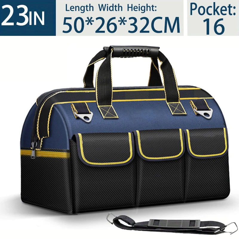 A dark blue and black heavy-duty tool organizer bag with multiple pockets and handles.