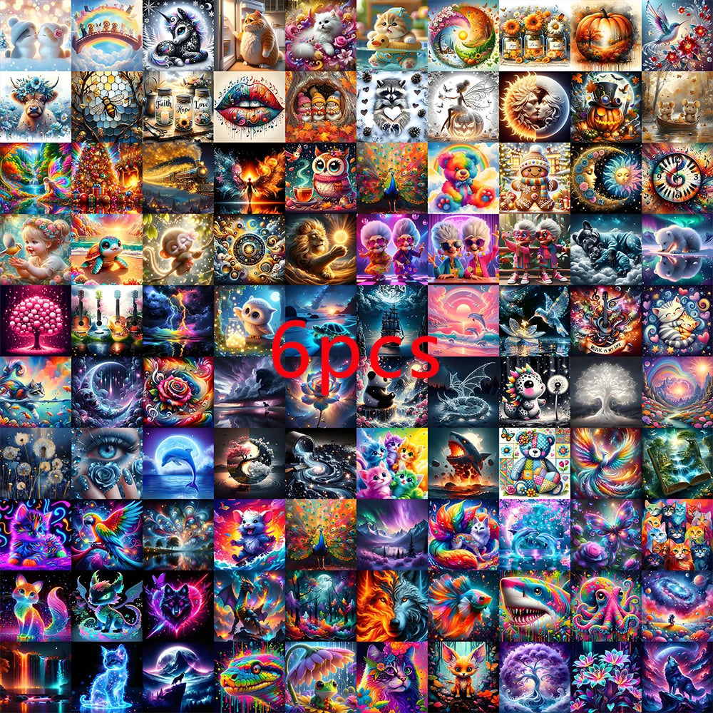 A grid of colorful diamond painting and cross stitch art featuring various cartoon and fantasy characters and scenes.