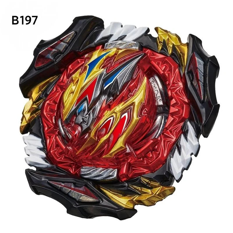 A black and gold battle spinning top featuring a red, silver, and blue design with metal construction.