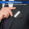 A hand slides a white card into the slot of a black slim PU leather and stainless steel card holder inside a suit jacket pock