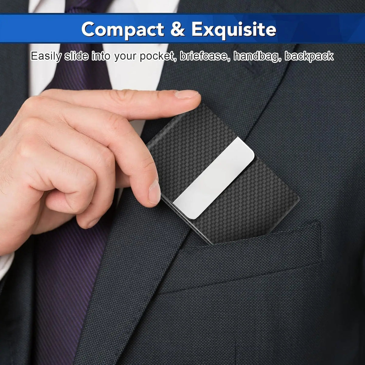 A hand slides a white card into the slot of a black slim PU leather and stainless steel card holder inside a suit jacket pock