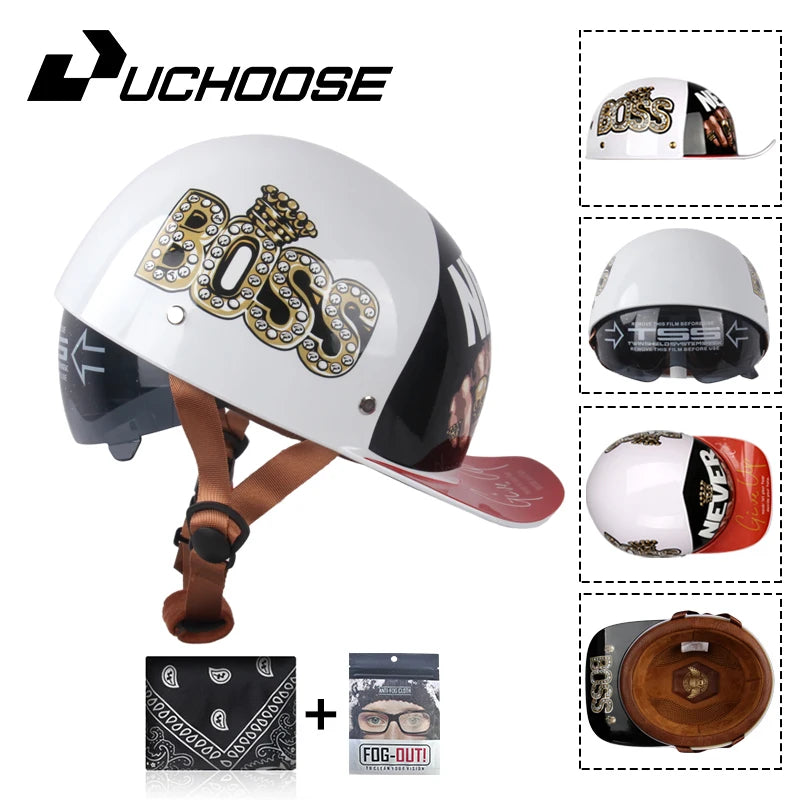 A white motorcycle helmet with a black visor featuring gold lettering and accessories, shown alongside related items.