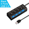 Black USB 2.0 multi-port hub with four ports and blue LED switches