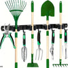 A heavy-duty wall-mounted tool rack displaying a green broom, shovel, and various hand tools with hooks.